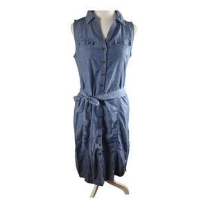 Talbots Blue Jean Button-Up Sleeves Maxi Dress with Waist-Tie Pockets Women's 8p